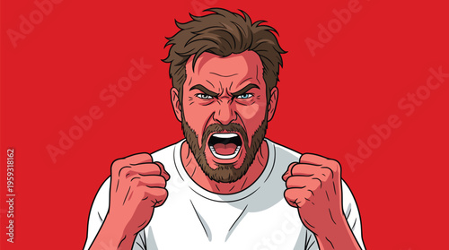 Man screams with clenched fists, showing intense anger. His face is red, hair wild, and expression furious. Background has blurred money bills, suggesting financial stress. Ideal for themes of rage