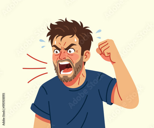 Angry man shouts with clenched fists. His face shows intense rage. White background emphasizes emotion. Ideal for anger, frustration, or tension themes. Vector art style makes it versatile