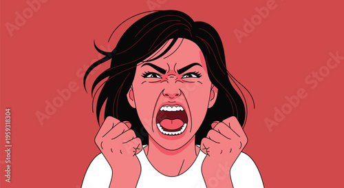 Woman screams with fists clenched, dark hair flying. Intense anger and frustration visible on her face. Bright yellow top contrasts