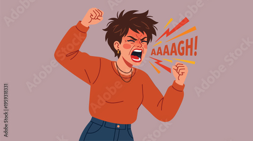 Woman screams with fists clenched, dark hair flying. Intense anger and frustration visible on her face. Bright yellow top contrasts