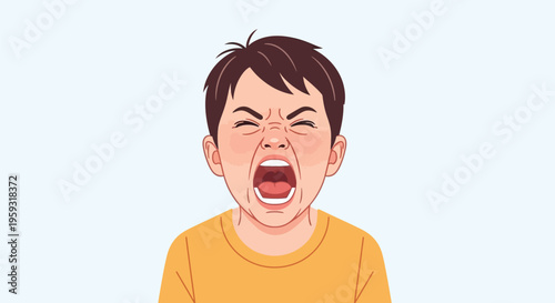 Young boy screams with intense emotion. His eyes are squeezed shut, mouth wide open. He wears a yellow shirt, set against a soft blue background. This photo captures a moment of strong emotion