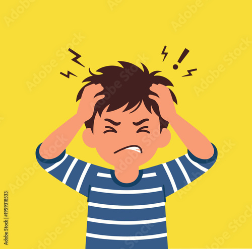 Young boy grips his head in frustration. His face shows intense anger and stress. Bright yellow background makes emotion stand out. Perfect for stress, school, or parenting scenes