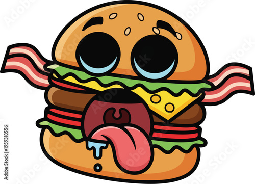 Cartoon burger with bacon and tongue out illustration