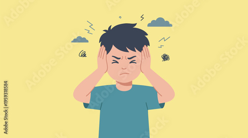 Young boy grips his head in frustration. His face shows intense anger and stress. Bright yellow background makes emotion stand out. Perfect for stress, school, or parenting scenes