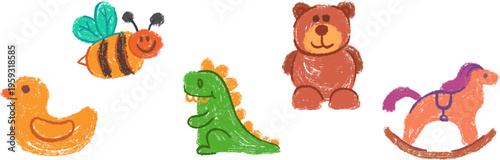 Set of textured children toys in crayon and pastel art style. Collection includes an orange duck, smiling bee, green dinosaur, brown teddy bear, and pink rocking horse. These cute and playful illustra