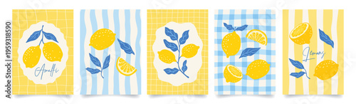 Set of citrus fruits italian posters. Amalfi. Summer mediterranean print with hand drawn yellow lemon and blue leaves.  Vacation in Italy. Vector design for card, banner, kitchen, menu, cover.