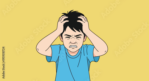 Young boy grips his head in distress. His face shows intense frustration or pain. Simple cartoon style with bold lines. Ideal for stress, anxiety, or emotional overwhelm themes