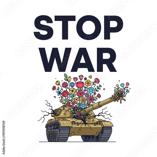 Stop War Tank with Flowers on White Background Vector