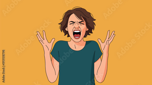 Woman screams with fists clenched, dark hair flying. Intense anger and frustration visible on her face. Bright yellow top contrasts