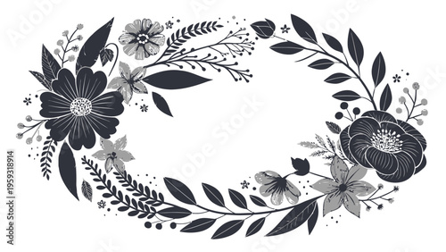 A beautiful floral wreath illustration in a minimalist black and white design