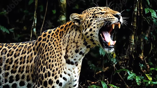 Majestic leopard roars with fangs bared in lush jungle habitat