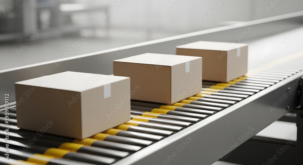 Fototapeta premium Automated Conveyor Belt System Transporting Cardboard Boxes Through a Modern Industrial Facility