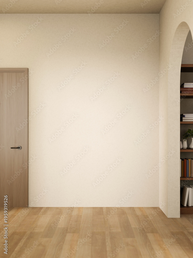 Fototapeta premium Empty white wall and wooden door over parquet floor and arch doorway to other room in a modern house