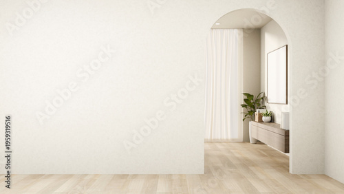 Fotografía Empty white wall and wooden parquet floor corridor with arch doorway to other ro