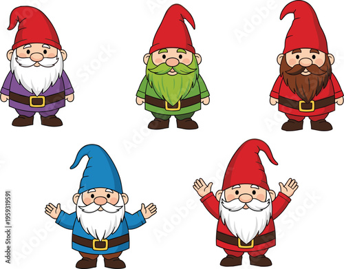 Colorful Gnome Collection with Cheerful Garden Dwarfs in Red, Blue, Green, and Purple Hats for Fairy Tale, Holiday, and Fantasy Illustration Projects