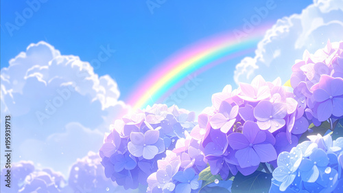 雨に濡れた紫陽花と青空の虹のイラスト　希望あふれる梅雨の背景素材