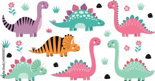 Cute and Colorful Dinosaur Set with Various Dinosaur Species in Cartoon Style for Kids’ Art, Nursery, and Wildlife Illustrations