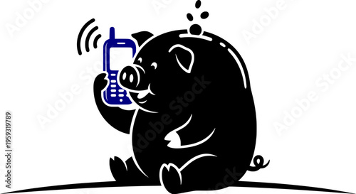 Piggy bank character using a smartphone while coins fall into its slot. Minimalist black and blue vector illustration for mobile banking, digital savings, and financial technology concepts.
