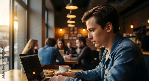 Young man working on laptop in cafe with soft lighting and blurred background