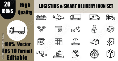 20 Logistics and Smart Delivery Line Icon Set Vector: E-commerce Shipping Outline Symbols.