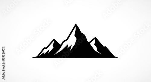 Black silhouette of rugged mountain range with snow capped peaks on white background symbolizing adventure and nature