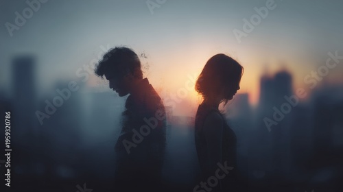 Couple Standing Apart During Sunset with a Cityscape Background Symbolizing a Difficult Relationship Breakup Separation or Divorce Crisis