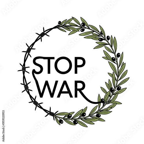 Stop War Olive Branch Barbed Wire Vector Illustration Isolated