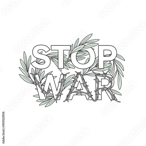 Stop War Olive Branch Barbed Wire Vector Illustration Isolated