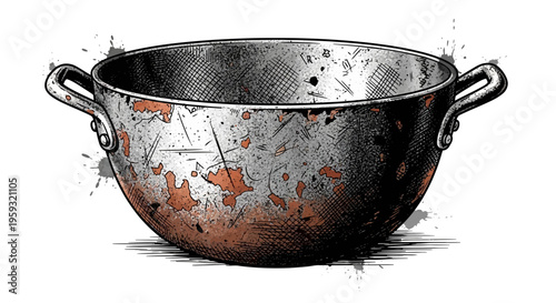 Vintage Wok, Hand Drawn Sketch, Rustic Kitchenware