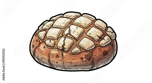 Artistic illustration of a round loaf of bread with a diamond pattern crust