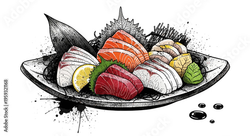 Assortment of fresh raw fish sashimi on plate, sketch style