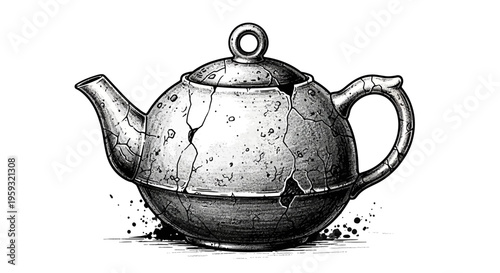 Broken Teapot Illustration, Vintage Style, Grunge Texture