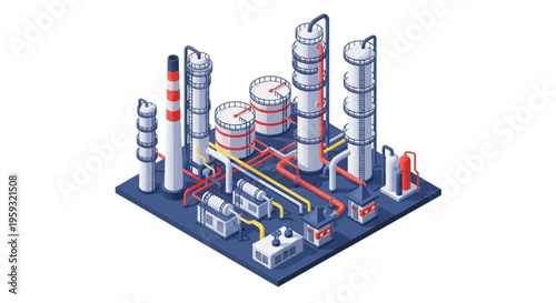 Isometric illustration of an oil refinery plant with people working, featuring a petroleum refinery factory design and layout on a blue background with industrial operations.