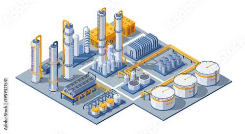 Isometric illustration of an oil refinery plant with people working, featuring various industrial equipment and storage tanks in a vector design.