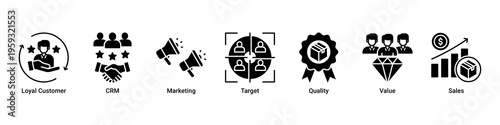 Customer Value web banner icon illustration featuring Loyal Customer,CRM,Marketing,Target,Quality,Value,and Sales