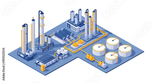 Isometric illustration of an oil refinery plant with people working, featuring a petroleum refinery factory design and layout on a blue background with yellow accents, representing business