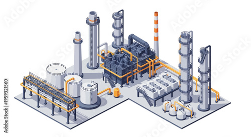 Isometric illustration of an oil refinery plant with people working, featuring a petroleum refinery factory design and layout on a clean background, conveying a sense of industrial