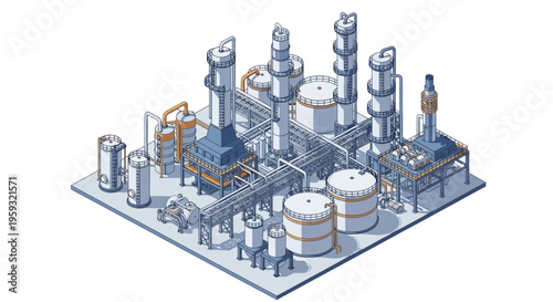 Isometric illustration of an oil refinery plant with people working, featuring a petroleum refinery factory design and layout on a white background, conveying a sense of industrial