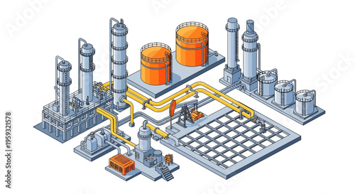 Isometric illustration of an oil refinery plant with people working amidst industrial equipment and pipelines in a business operation setting.