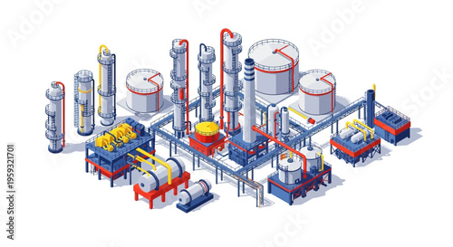 Isometric illustration of an oil refinery plant with people operating machinery in a factory vector design, showcasing industrial oil processing and layout on a white background.