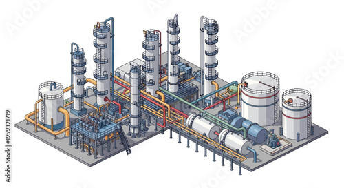Isometric illustration of an oil refinery plant with people working, featuring a petroleum refinery factory design and layout on a gray background, conveying a sense of industrial operation