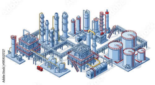 Isometric illustration of an oil refinery plant with people working, featuring various industrial equipment and a detailed layout on a white background with a business-like atmosphere.