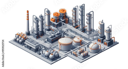 Isometric illustration of an oil refinery plant with people working, featuring a petroleum refinery factory design and layout on a clean background, conveying a sense of industrial