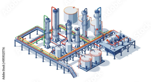 Isometric illustration of an oil refinery plant with people working, featuring a petroleum refinery factory design and layout on a white background, conveying a sense of industry operation.