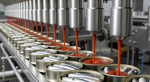 Automated Food Production Line Filling Cans with Tomato Sauce and Fish.