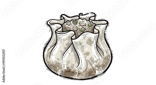 Hand-drawn illustration of a single dim sum dumpling