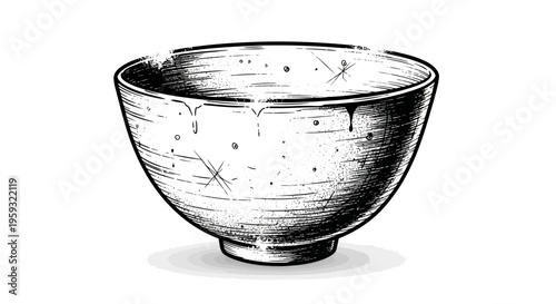 Hand-drawn illustration of an empty ceramic bowl with a textured, rustic design