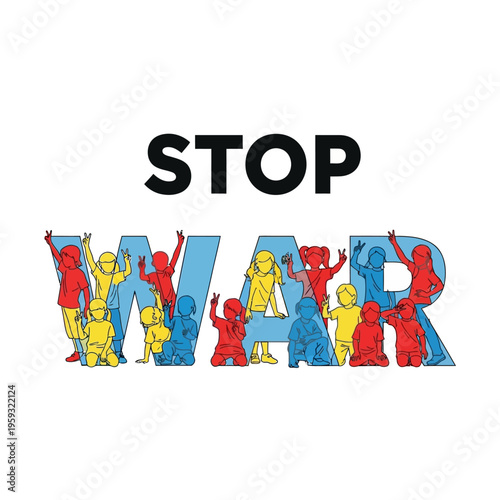 Stop War Text with Children on White Background Vector Illustration