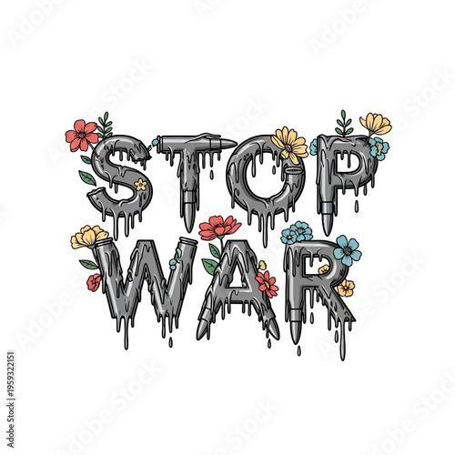 Stop War Message with Flowers and Bullets on Isolated White Background