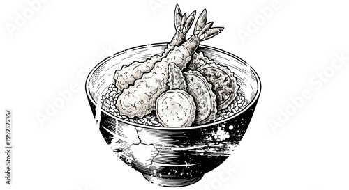 Hand-drawn illustration of tempura udon noodle soup in a bowl